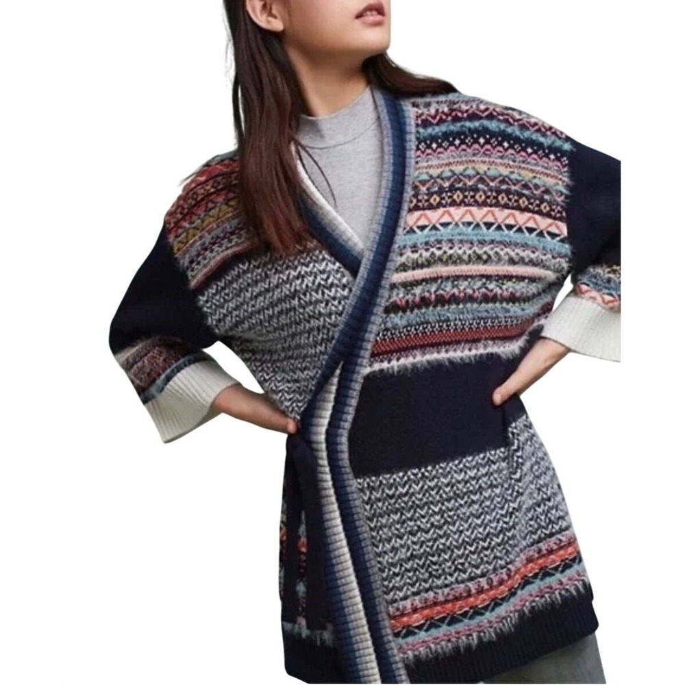 Sleeping on Snow Bohemian Anthro Patchwork Knit Open Front Cardigan Sweater M L‎